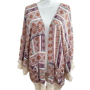 Democracy Kimono Size Small Boho Fringe Floral All Over Print Open Front Light